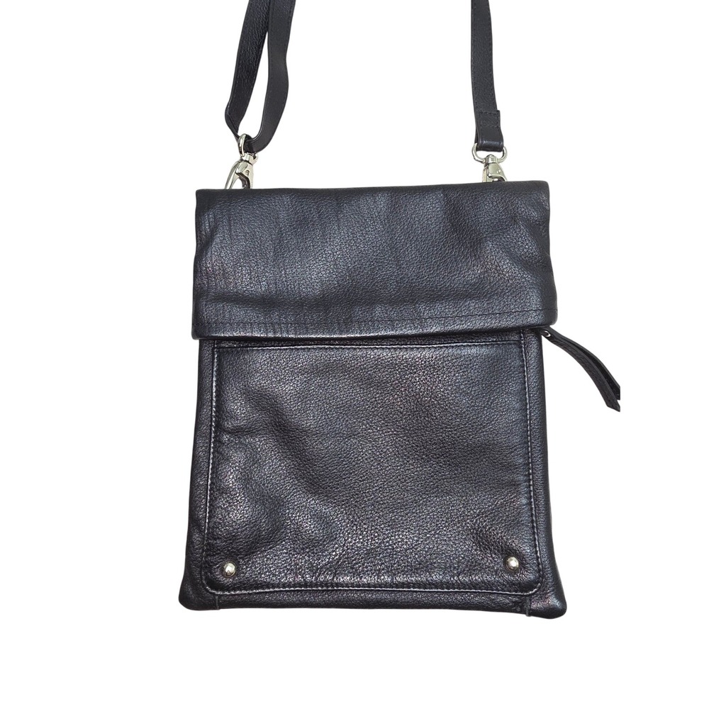 Latico Black Pebbled Leather Fold Over Crossbody Bag Floral Lining Silver Hdwr